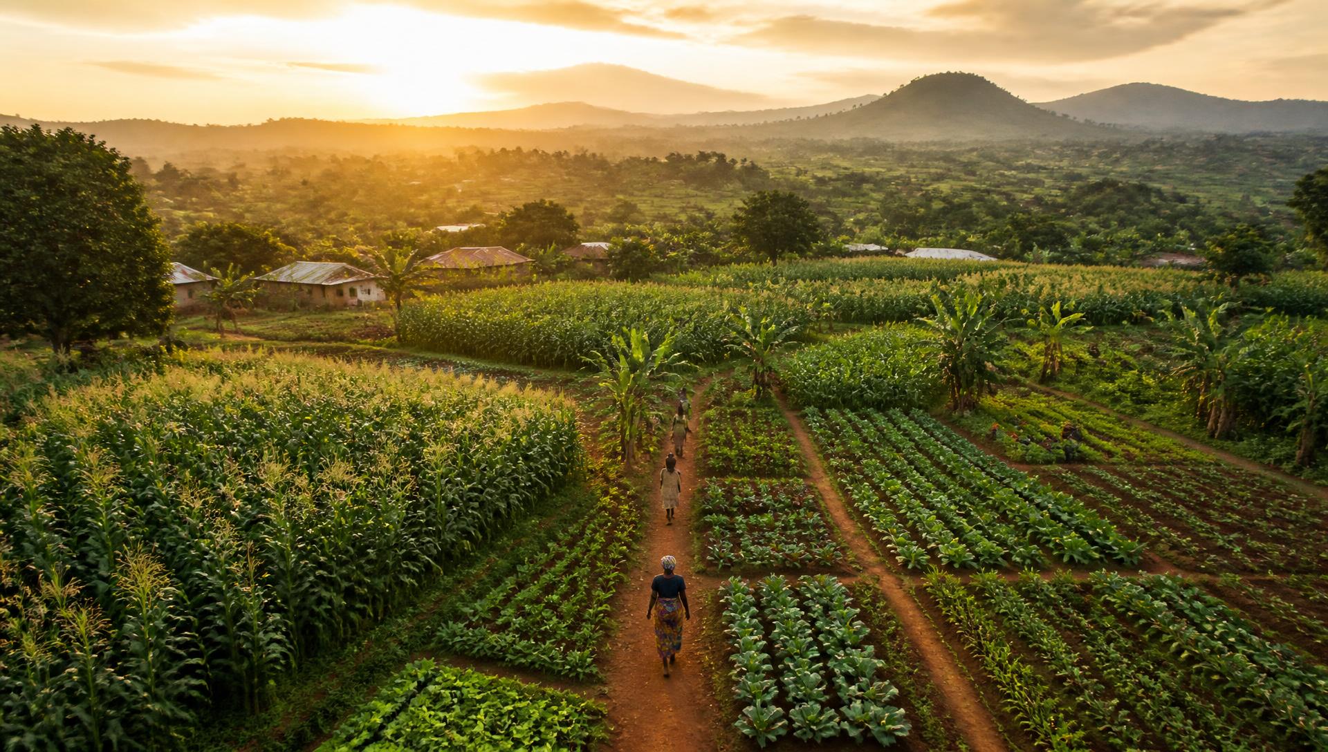 Aerial view of farmland with rows of maize and vegetables at sunrise