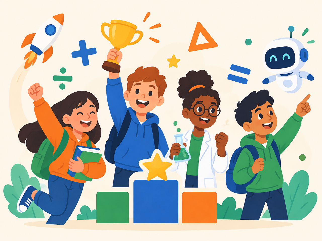 Cartoon learners celebrating with a trophy, a robot and floating maths symbols